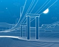 Outline road bridge. Car overpass. Train rides. Infrastructure illustration. Vector design art. White lines on blue background.